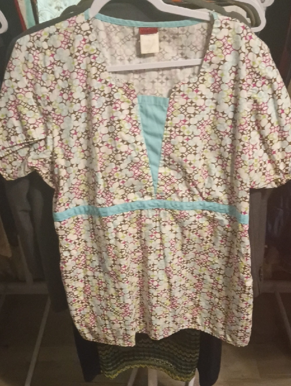 Floral Print Tunic with Turquoise Trim Scrub Top